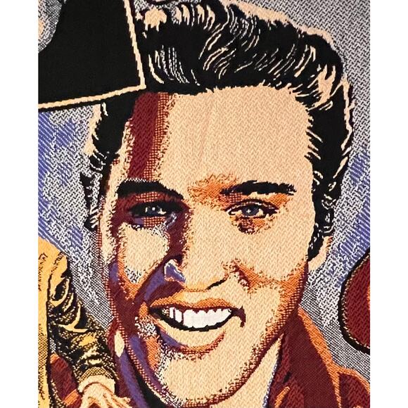 Elvis Tapestry blanket, woven throw, fringe edges, guitar,music notes 46" x 66" - Picture 2 of 5